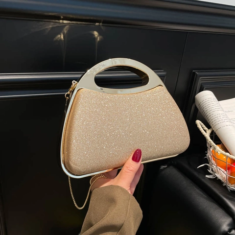 Women Evening Clutch Bag PU Glitter Sequin Metal Handle Handbag Party Wedding Elegant Detachable Chain Strap Purse