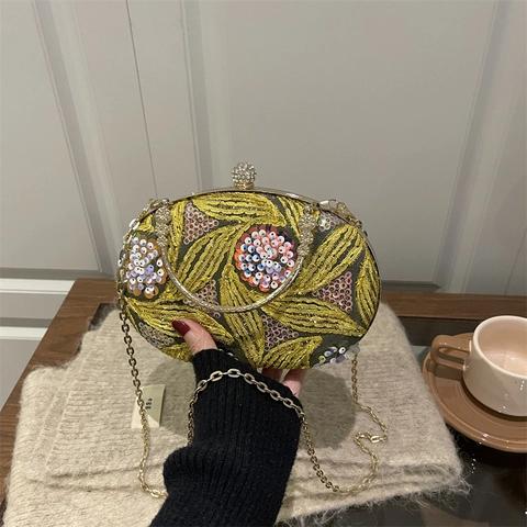 Bloemen Borduurwerk Pailletten Avondtasje Retro Ovaal Acryl Clutch Handtas Met Afneembare Metalen Ketting Strass Sluiting