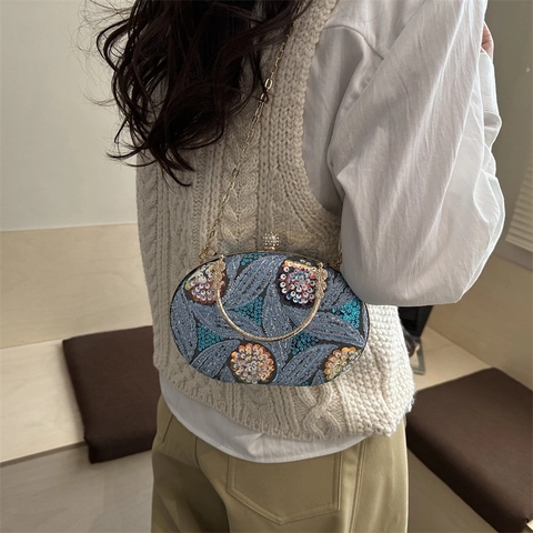 Bloemen Borduurwerk Pailletten Avondtasje Retro Ovaal Acryl Clutch Handtas Met Afneembare Metalen Ketting Strass Sluiting
