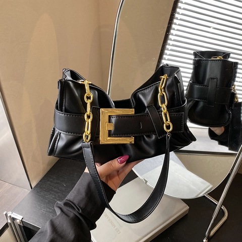 Damen Plissierte Achseltasche Schultertasche PU Leder Trendige Wolkentasche Mit Goldener Schnalle Und Kette