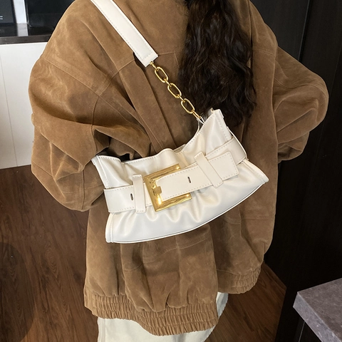 Damen Plissierte Achseltasche Schultertasche PU Leder Trendige Wolkentasche Mit Goldener Schnalle Und Kette