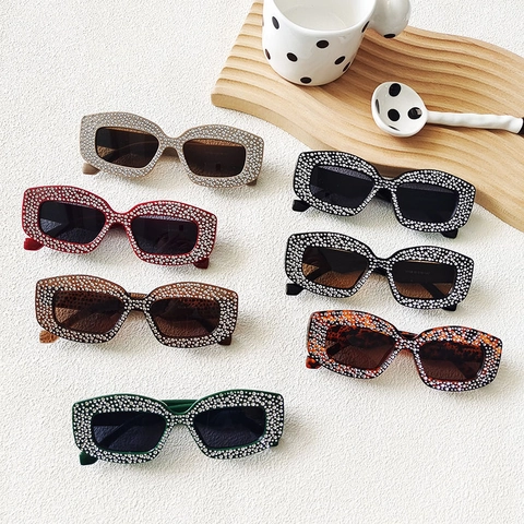 Women Square Sunglasses Rhinestone Pavé Rectangular Sparkling Fashion UV400 Retro Resin Lens Hip Hop Eyewear