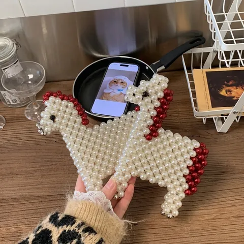 Bolso De Bandolera De Perlas Artificiales Artificiales Tejido A Mano Forma De Caballo Lindo Mini Bolso De Hombro Para Mujeres Niñas Bolso De Perlas Artificiales