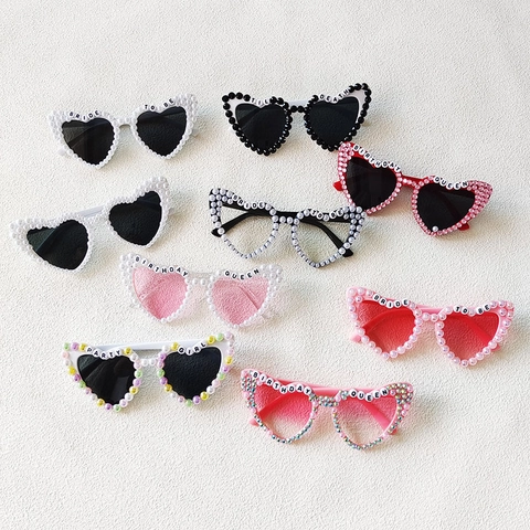 Gafas de Sol de Resina con Forma de Corazón de Moda Con Letras de Perlas Artificiales y Strass Montura Grande Gafas de Fiesta para Niñas Mujeres