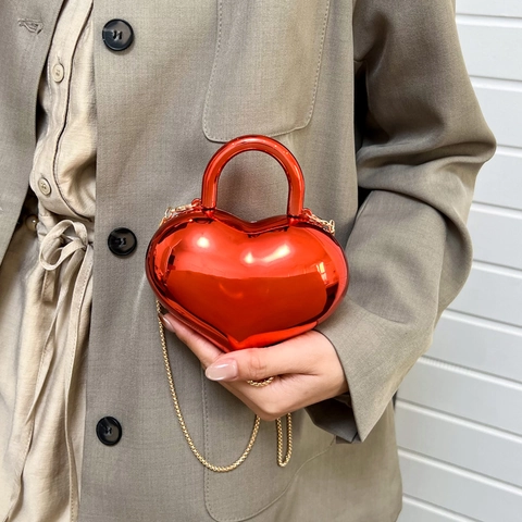 Sac Boîte En Acrylique En Forme De Cœur Finition Miroir Métallique Bandoulière Chaîne Poignée Mini Pochette Soirée Femmes