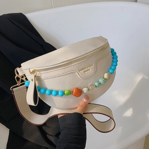 Half Moon Shoulder Bag PU Leather Lychee Pattern Colored Bead Chain Adjustable Wide Strap Crossbody Chest Pack For Women