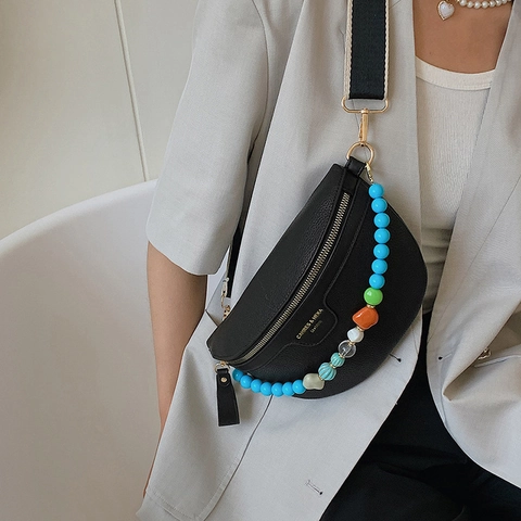 Half Moon Shoulder Bag PU Leather Lychee Pattern Colored Bead Chain Adjustable Wide Strap Crossbody Chest Pack For Women