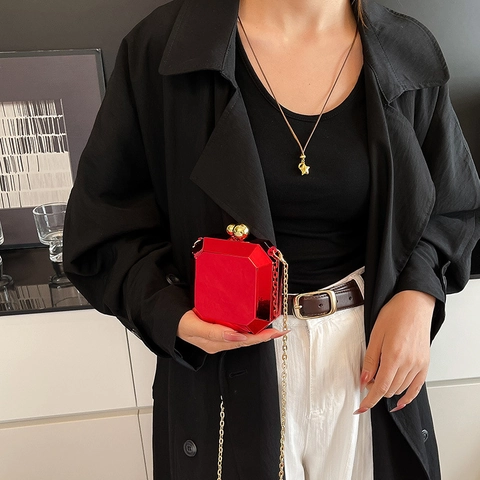 Geometrische Achthoekige Acryl Avondtas Spiegelglans Harde Schaal Crossbody Tas Met Metalen Kogelsluiting En Ketting