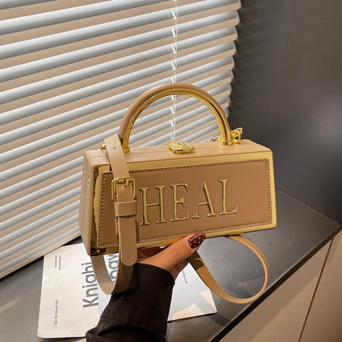 Vintage Box Handbag PU Leather Metal Handle Gold HEAL Letter Decor Crossbody Shoulder Bag Fashion Square Purse For Women