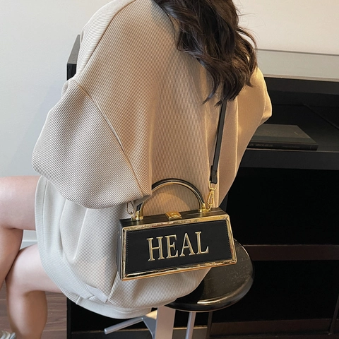 Vintage Box Handbag PU Leather Metal Handle Gold HEAL Letter Decor Crossbody Shoulder Bag Fashion Square Purse For Women