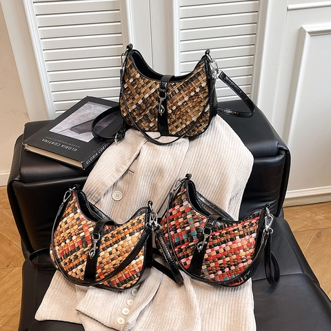 Borsa Hobo Intrecciata Da Donna In Pelle PU Colorata Intreccio Contrasto Borsa A Spalla Tracolla Vintage Stile Mezzaluna