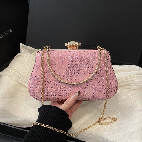 Borsa Da Sera Elegante Donna Pizzo Strass Paillettes Lusso Pochette Manico Tondo Dorato Telaio Metallico Matrimonio Festa