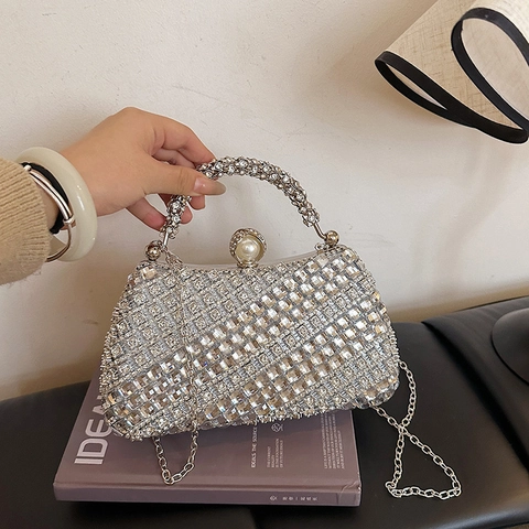 Elegante Borsa Da Sera Con Strass Chiusura In Perla Artificial E Manico Tracolla A Catena Rimovibile Per Donna Festa Matrimonio