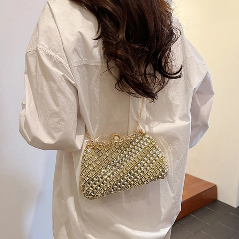 Elegante Borsa Da Sera Con Strass Chiusura In Perla Artificial E Manico Tracolla A Catena Rimovibile Per Donna Festa Matrimonio