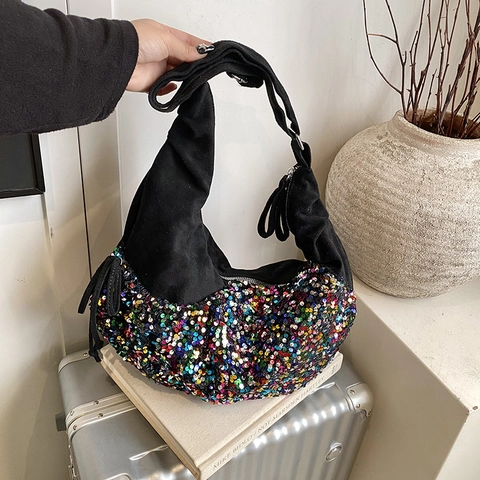Bolso Hobo Creciente Lentejuelas Cuero Sintético Gamuza Gran Capacidad Moda Correa Ajustable Bandolera Mujer