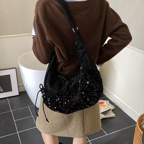 Bolso Hobo Creciente Lentejuelas Cuero Sintético Gamuza Gran Capacidad Moda Correa Ajustable Bandolera Mujer