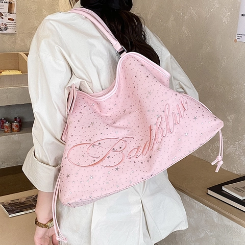 Damen PU Leder Große Kapazität Schultertasche Stern Druck Stickerei Kordelzug Modische Koreanischen Stil Pendler Tote