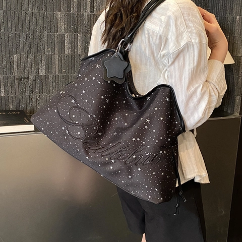 Damen PU Leder Große Kapazität Schultertasche Stern Druck Stickerei Kordelzug Modische Koreanischen Stil Pendler Tote