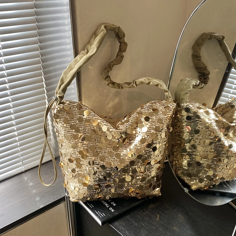 Sequin Hobo Bag PU Leather Underarm Shoulder Bag With Scrunchie Pleated Strap Large Capacity Party Fashion