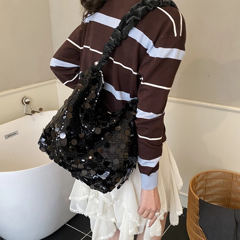 Sequin Hobo Bag PU Leather Underarm Shoulder Bag With Scrunchie Pleated Strap Large Capacity Party Fashion