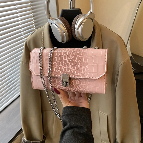 Alligator Pattern Women Shoulder Bag PU Leather Square Crossbody Bag Silver Chain Strap Metal Lock Fashion Lady Purse