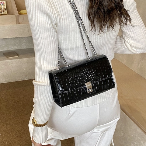 Alligator Pattern Women Shoulder Bag PU Leather Square Crossbody Bag Silver Chain Strap Metal Lock Fashion Lady Purse