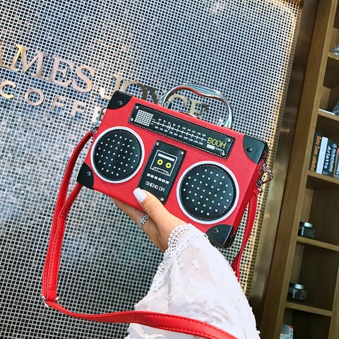 Vintage Radio Shaped Handbag PU Leather Retro Boombox Crossbody Bag With Metal Handle And Detachable Shoulder Strap For Women
