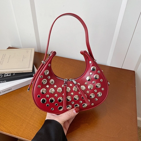 Onderarmtas Met Klinknagels PU Leer Halve Maan Vorm Dubbele Rits Niche Koreaanse Street Style Punk Y2K Hobo Tas