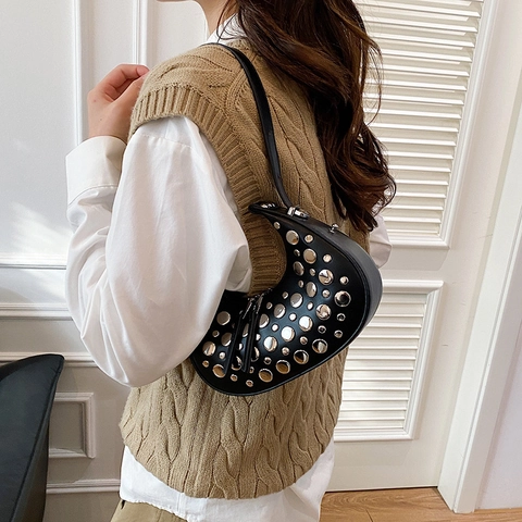 Onderarmtas Met Klinknagels PU Leer Halve Maan Vorm Dubbele Rits Niche Koreaanse Street Style Punk Y2K Hobo Tas