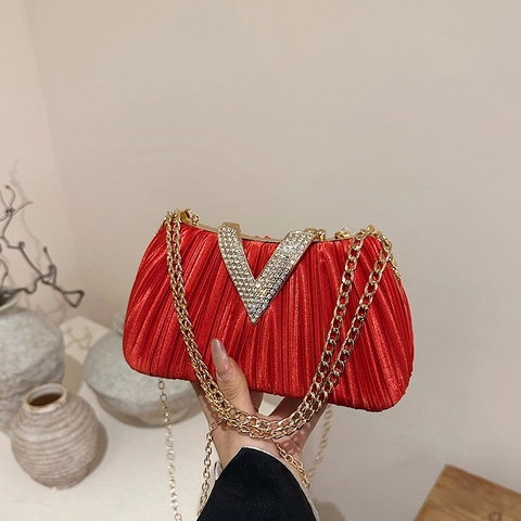 Borsa Da Sera Plissettata In Raso Da Donna Con Fibbia A V In Strass Tracolla A Catena Pochette Elegante