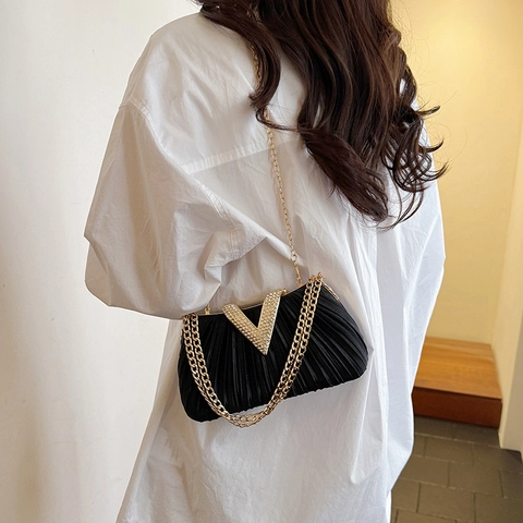 Borsa Da Sera Plissettata In Raso Da Donna Con Fibbia A V In Strass Tracolla A Catena Pochette Elegante
