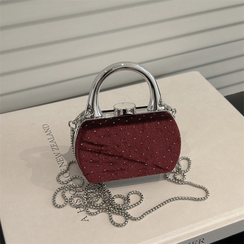 Mini Borsa Da Sera In Velluto Con Borchie Di Strass Manico In Metallo E Tracolla A Catena Pochette Da Festa Retrò Donna