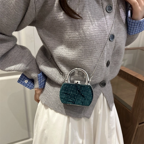 Mini Borsa Da Sera In Velluto Con Borchie Di Strass Manico In Metallo E Tracolla A Catena Pochette Da Festa Retrò Donna