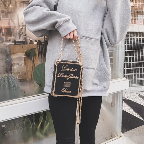 Vintage Box Umhängetasche Für Damen Mode Kleine PU Leder Schultertasche Clutch Mit Goldener Metallkette Und Ecken Dekor