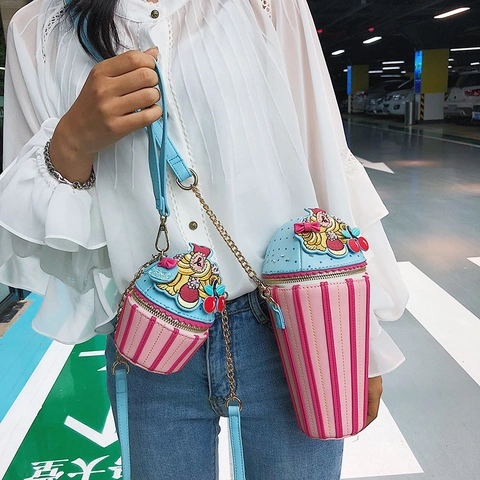Creative Cupcake Ice Cream Shape Crossbody Bag PU Leather Striped Pattern Metal Chain Strap Novelty Fun For Women Girls
