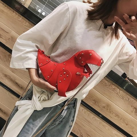 Borsa Tracolla Forma Dinosauro Pelle PU Borchie Creativa Piccola Borsa Spalla Animale Catena Metallo Dorato Donne