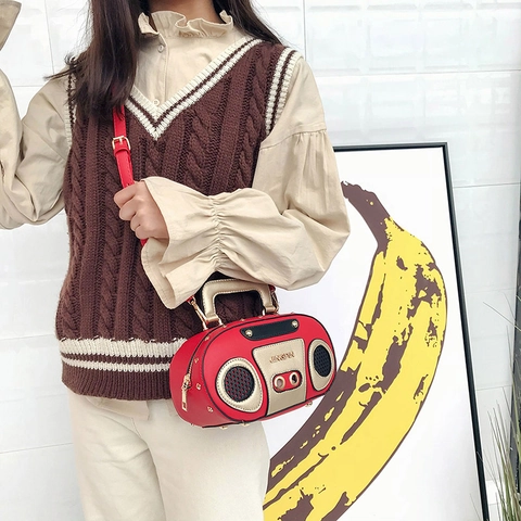 Moda Vintage Borsa a Tracolla in Pelle PU a Forma di Radio per Donna Rivetti Retro Boombox Borsa a Mano Personalità Festa Borsa