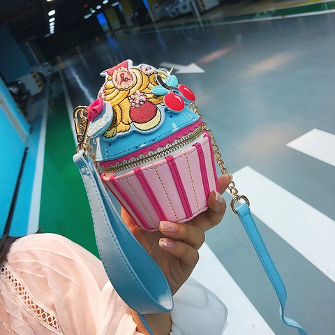 Creative Cupcake Ice Cream Shape Crossbody Bag PU Leather Striped Pattern Metal Chain Strap Novelty Fun For Women Girls