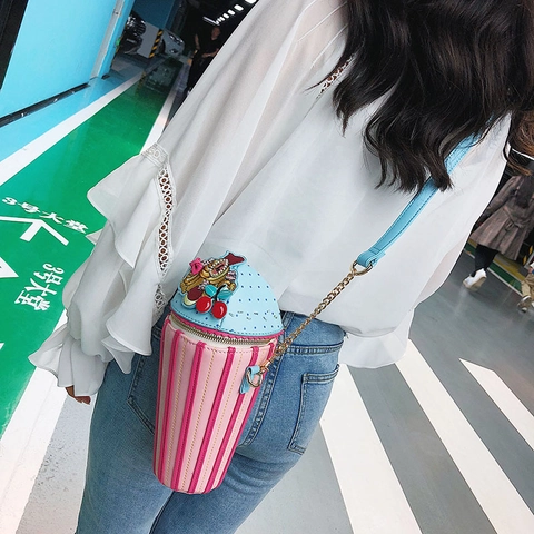Bolso Bandolera Creativo con Forma de Cupcake para Mujer Dulce Rosa Azul a Rayas con Cadena Lindo Bolso de Cuero PU