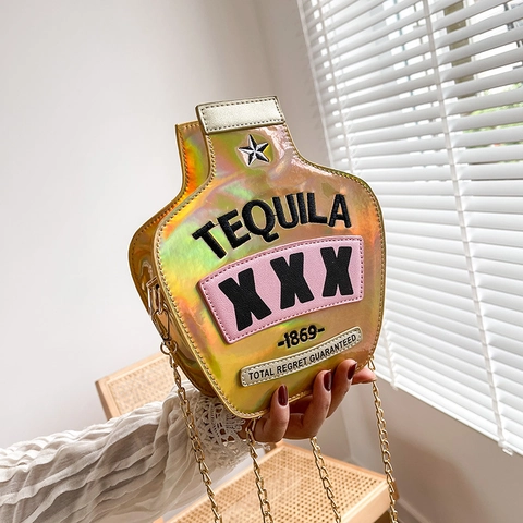 Creative Tequila Bottle Shape Women Shoulder Bag Sequin Laser PU Leather Crossbody Bag With Gold Chain Strap Party Handbag