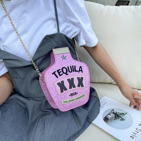 Creative Tequila Bottle Shape Women Shoulder Bag Sequin Laser PU Leather Crossbody Bag With Gold Chain Strap Party Handbag