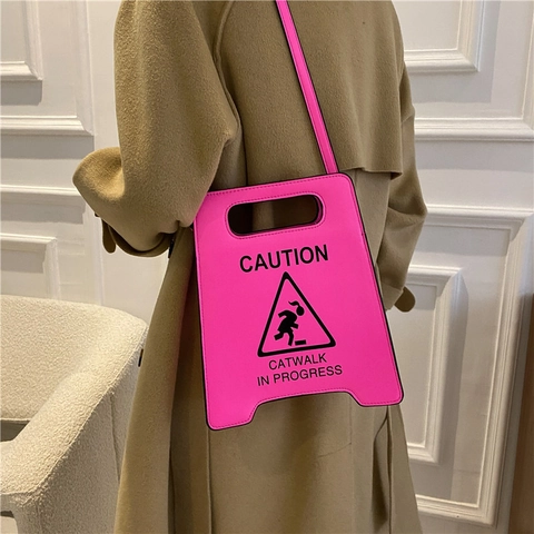 Caution Sign Shaped PU Leather Crossbody Bag Novelty Traffic Stop Print Handbag Women Streetwear Fashion Unique