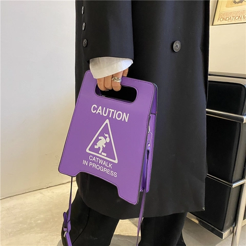 Caution Sign Shape PU Leather Crossbody Handbag Funny Print Top Handle Novelty Street Style Bag For Women
