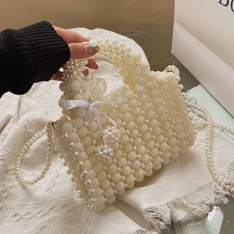 Elegant Women Faux Pearl Beaded Handbag Satin Bow Drawstring Inner Bag Mini Shoulder Crossbody Bag Wedding Party Banquet