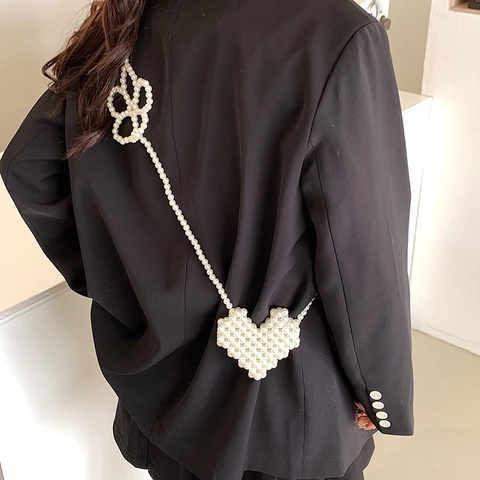 Borsa A Tracolla Mini A Forma Di Cuore Perline Acrilico Intrecciata A Mano Piccola Catena Pochette Moda Chic