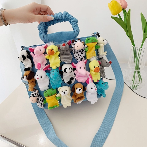 Borsa A Spalla In Tela Con Bambole Di Peluche Animali Cartoni Animati Grande Capacità Manico Arricciato Kawaii Donna