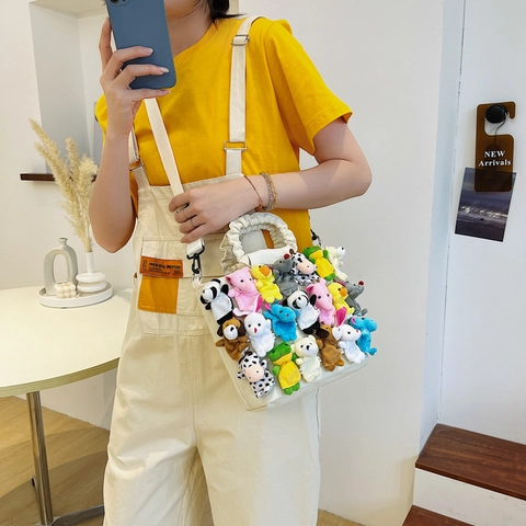 Borsa A Spalla In Tela Con Bambole Di Peluche Animali Cartoni Animati Grande Capacità Manico Arricciato Kawaii Donna