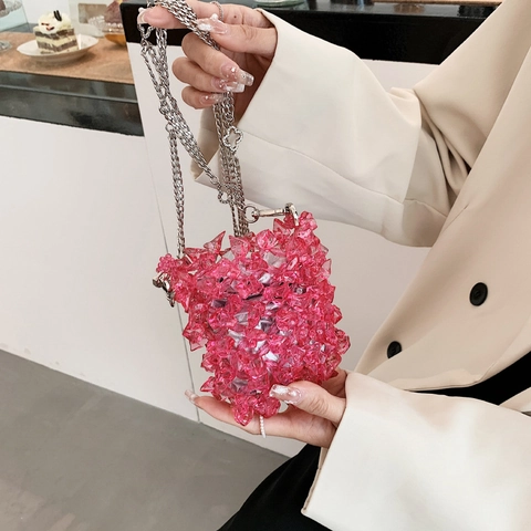 Mini Umhängetasche Aus Acrylperlen Transparente Kristalloptik Schicke Crossbody Tasche Mit Metallkette Und Kleeblatt Anhänger