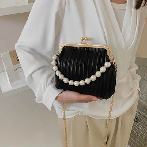 Women Pleated Handbag PU Leather Artificial Pearl Handle Shoulder Bag Kiss Lock Metal Frame Detachable Chain Strap Elegant Purse