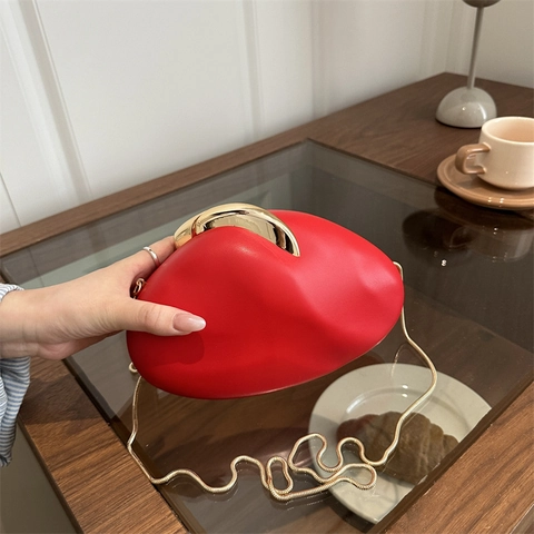 Irregular Pebble Shape Evening Clutch Bag Women PU Leather Metal Clasp Elegant Shoulder Bag With Chain Strap